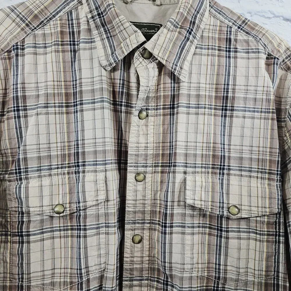 Eddie Bauer Pearl Snap Shirt Men's LT Brown Plaid Long Sleeve Hiking Western - Picture 2 of 4